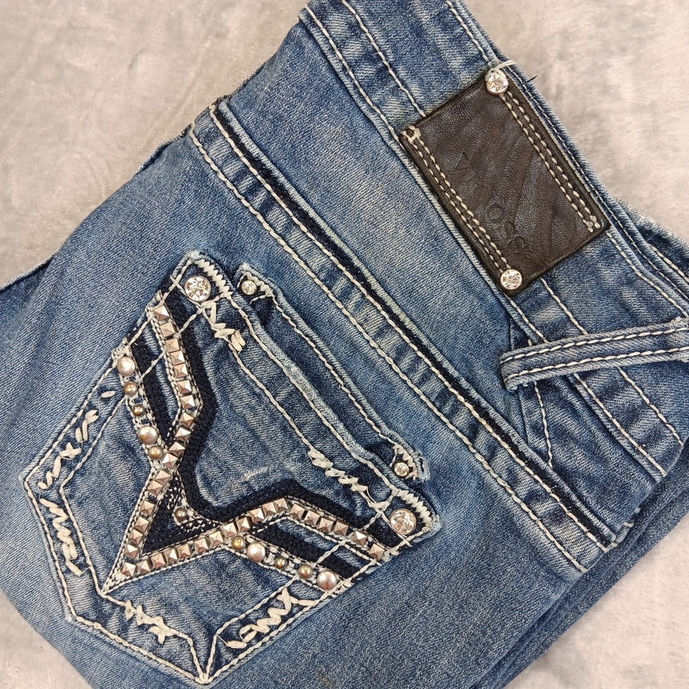 Vigoss 11/12 32x30 Womens Whiskered Bootcut Embellished Rhinestone Pocket Jeans.